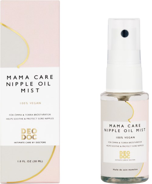 En flaske og emballage af Mama Care Nipple Oil Mist, vegansk, til lindring og beskyttelse af brystvorter, 30 ml.