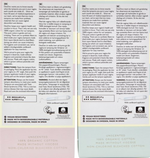 Etiket med oplysninger om et bomuldsprodukt, herunder certificeringer, brugsanvisninger og sikkerhedsadvarsler.
