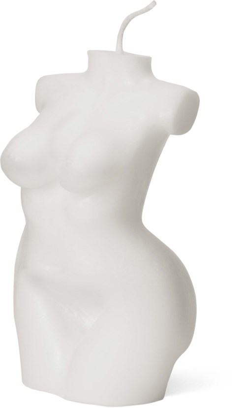 A white candle shaped like a female torso, with a wick on top.
