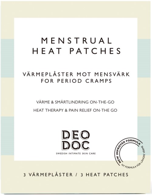 En eske med menstruasjonsvarmvåte for kramper, inneholder tre plaster, fra DeoDoc, produsert i Sverige.