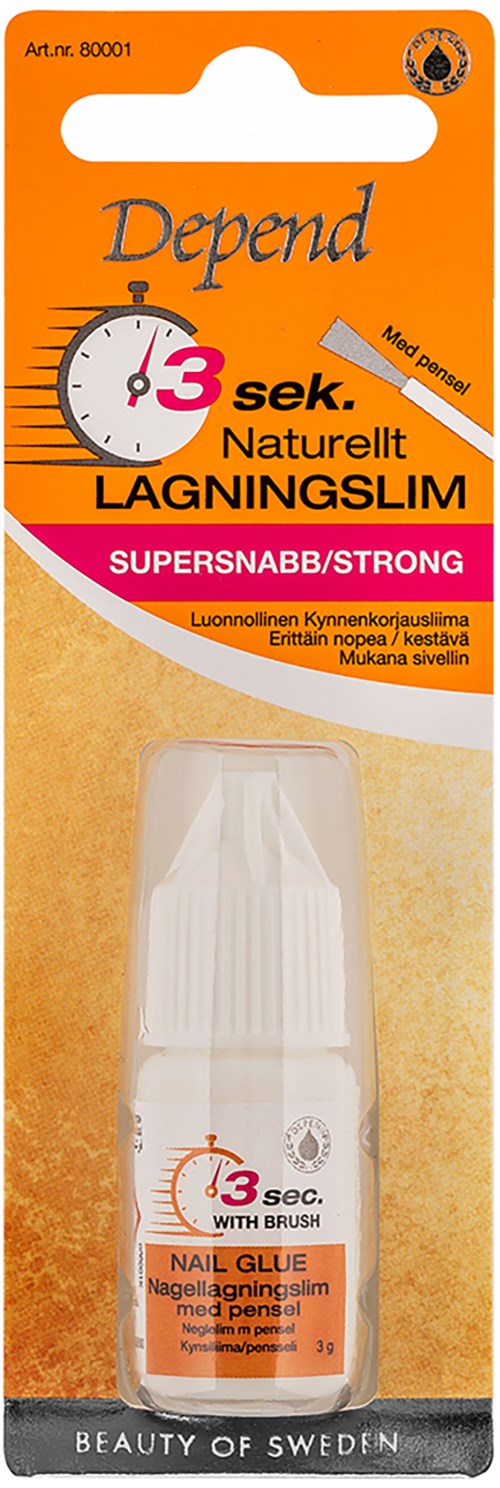En liten vit nagellimflaska i orange, rosa och vitt förpackning. Den har en pensel och lovar snabb stark fixering.