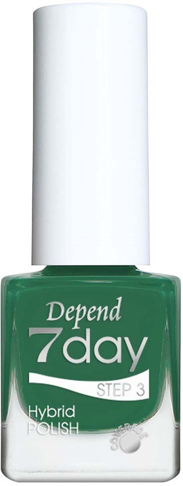 Groene nagellakfles met witte dop, gelabeld "Depend 7day STEP 3 Hybrid Polish".