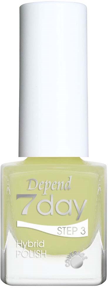Lichtgroene nagellakfles met label 'Depend 7day Step 3 Hybrid Polish'.