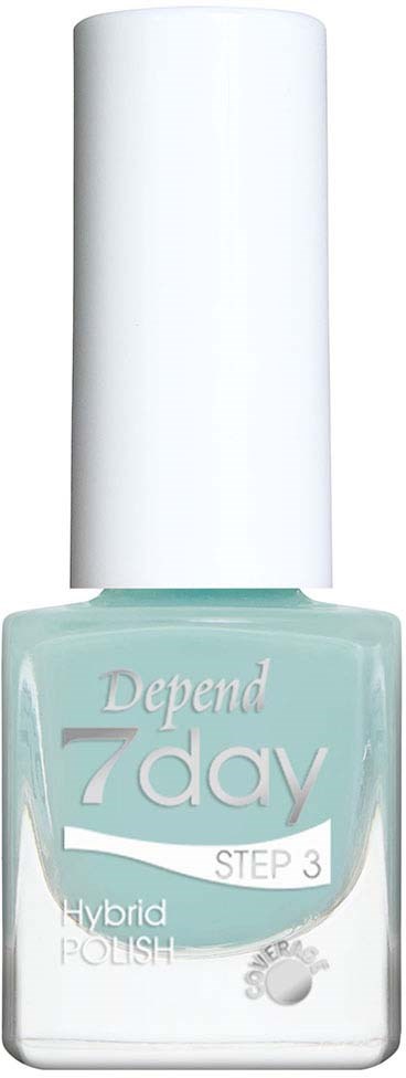 Een flesje Depend 7 Day hybride nagellak, Stap 3, met witte dop, lichtblauwe lak en een zonlogo.