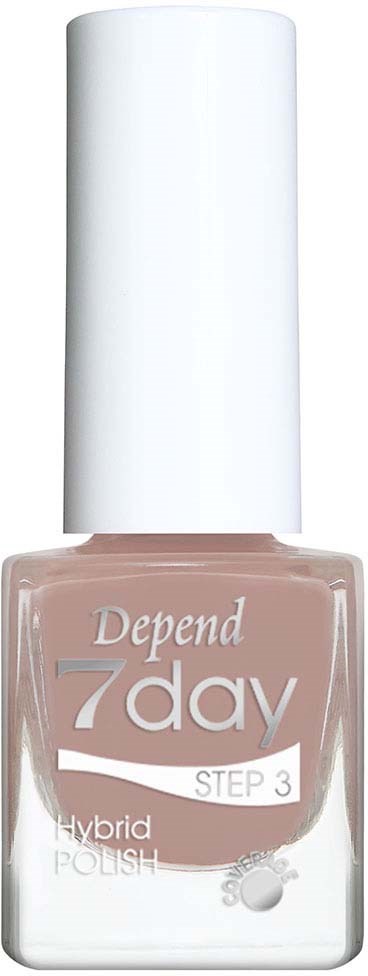 Een fles Depend 7 Day Step 3 hybride nagellak met een witte dop, roze lakkleur en tekst op het label.