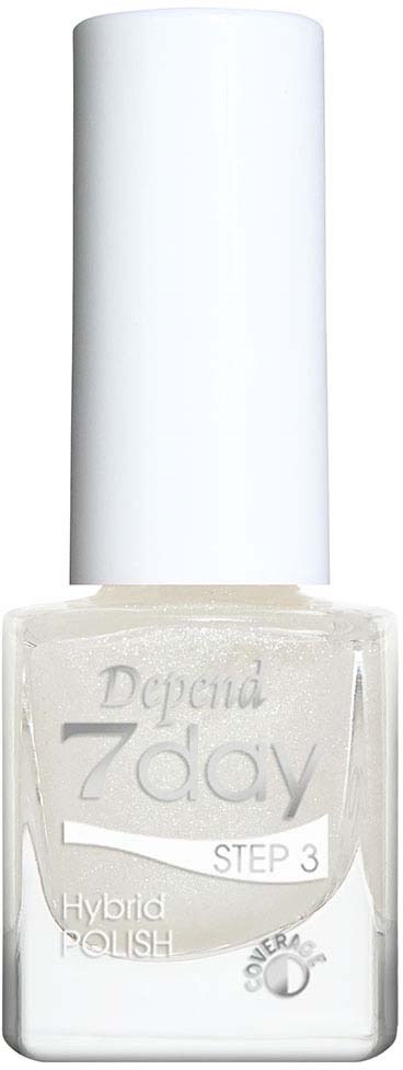 Een witte nagellakfles met lange dop en label waarop staat "Define 7day, Step 3, Hybrid Polish."