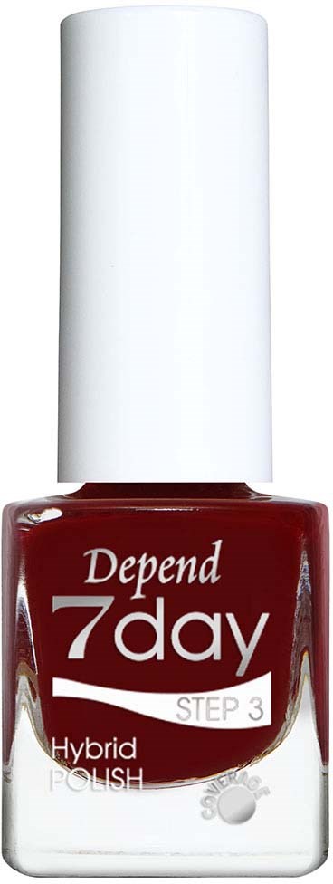 Een fles Depend 7 Day Hybrid nagellak met een witte dop en rode lak zichtbaar.