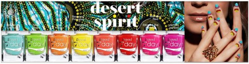 Färgglada nagellack flaskor, målade naglar och 'desert spirit' text på en livfull, mönstrad bakgrund.