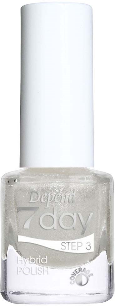 White nail polish bottle with a white cap, labeled "Depend 7day STEP 3 Hybrid Polish."