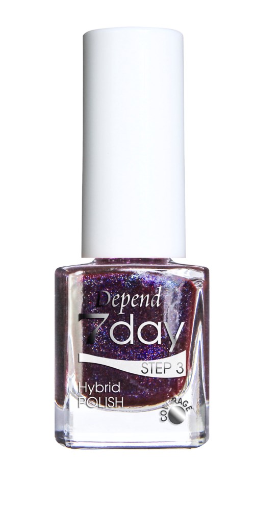 En nagellackflaska med lila och svart färg, märkt steg 3, hybridlack, Depend Day.