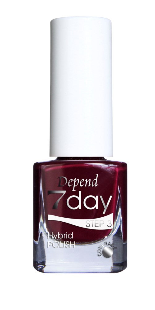 En flaska Depend 7 Day hybrid nagellack, mörkröd färg med vit kork.