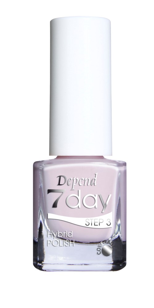 En nagellackflaska märkt "Depend 7 day STEP 3 Hybrid POLISH" med en vit kork och ljuslila nagellack.