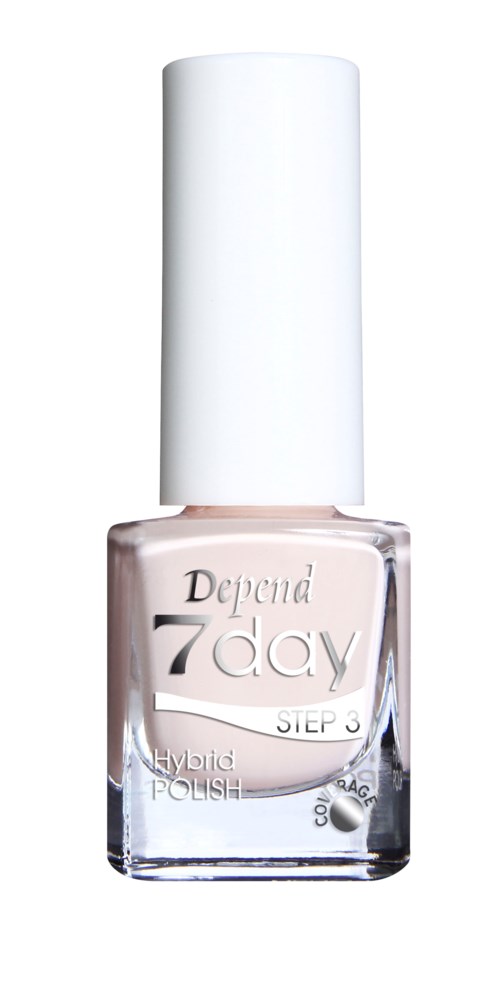 En flaska Depend 7 Day gelnagellack med vit lock och ljusrosa vätska inuti.
