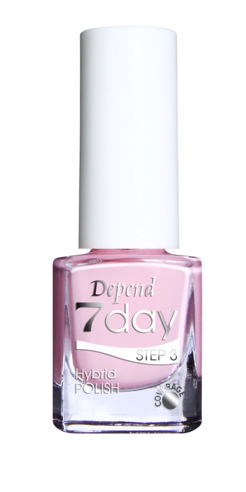 Nagellackflaska i rosa färg märkt "Depend 7day STEP 3 Hybrid POLISH" med vit topp.