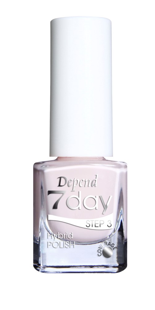En flaska Depend 7 Day Hybrid Polish nagellack med vit kork och ljusrosa färg.