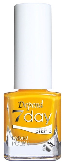 Gula nagellackflaska med vit lock, står 'Depend 7day Steg 3 Hybrid Polish' på etiketten.