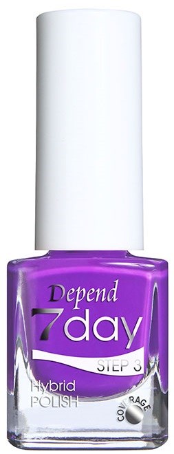 En lila nagellacksflaska med vit kork, märkt "Depend 7day," som visar att det är en hybdragnagellack som håller i sju dagar.