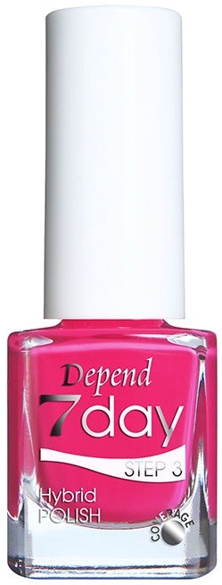 Roze nagellakfles met witte dop, gemerkt 'Depend 7day Step 3.'
