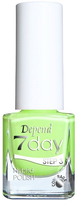 Grön nagellackflaska märkt 'Depend 7day Steg 3 Hybrid Polish'.