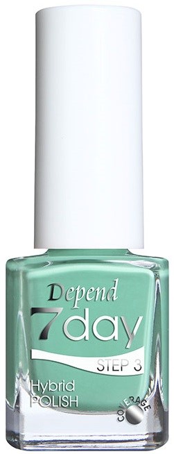 En flaska med grönt nagellack märkt 'Depend 7day Steg 3 Hybrid Polish'.