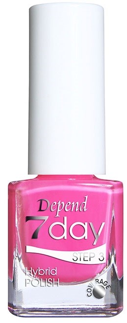Rote Nagellackflasche mit weißem Deckel, beschriftet 'Depende 7 day Step 3 Hybrid Polish'.