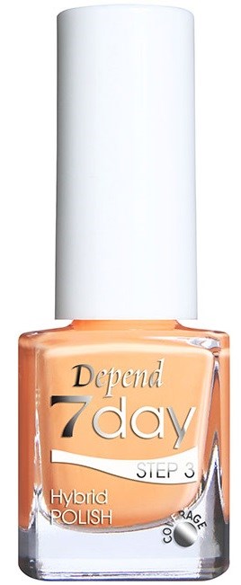 En flaska Depend 7 Day hybrid nagellack med vit kork och persiko-färgad lack inuti.