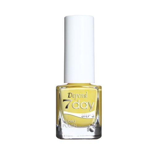 En gul nagellackflaska med vit kork, märkt "Depend 7 day" och "Step 3".
