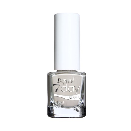 En tydlig, liten flaska Depend 7 Day Hybrid Polish, märkt som steg 3, med vit topp.