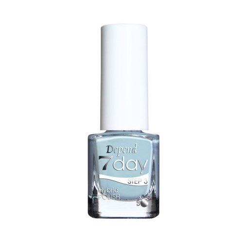 En flaska Depend 7 Day steg 3 hybrid nagellack med vit lock och blått nagellack inuti.