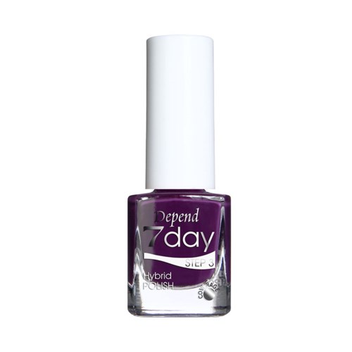 Lila nagellackflaska med vitt lock och varumärket Depend 7day på.