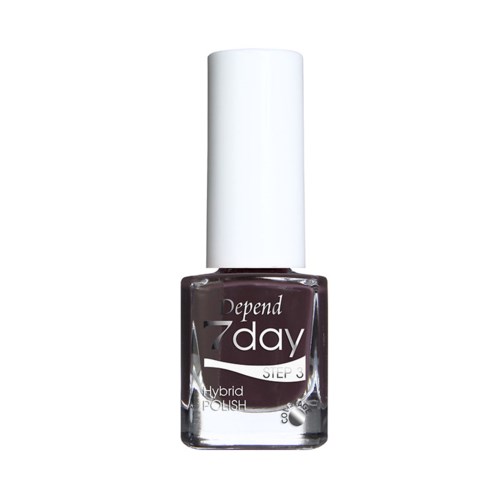 En flaska Depend 7 Day nagellack i mörklila, med vit kapsyl och etikett som visar märket och detaljerna.