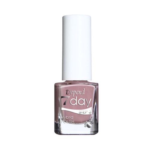 En rosa nagellackflaska med vit kork, märkt "Depend 7day" och "Steg 3 Hybrid Polish."