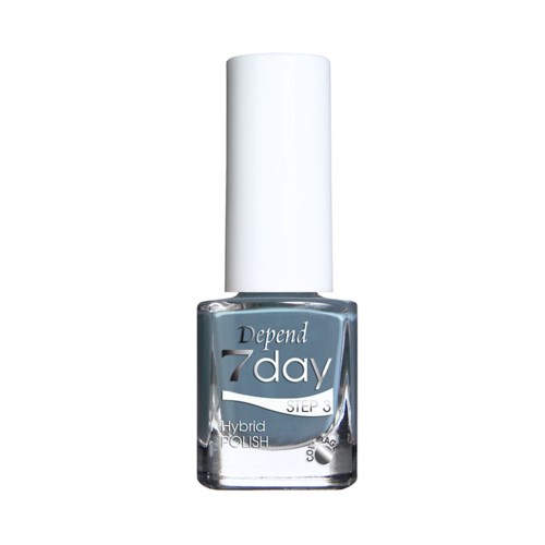 En liten flaska Depend 7 Day hybrid nagellack med vit kork på en vit bakgrund.