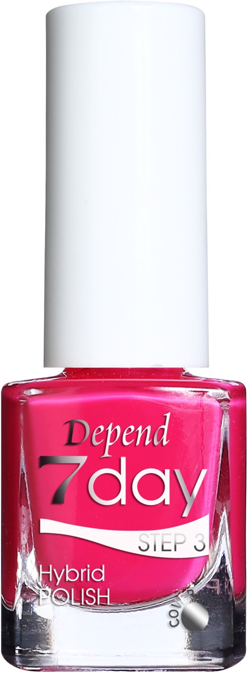 Lackningsflaska i rosa färg märkt 'Depend 7day Step 3 Hybrid Polish' med vit kork.