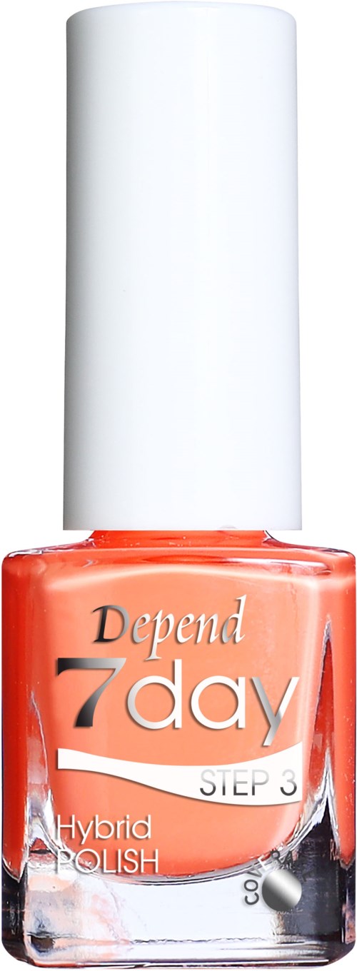 En flaska med orange nagellack med vit lock, märkt 'Depend 7day Step 3 Hybrid Polish.'