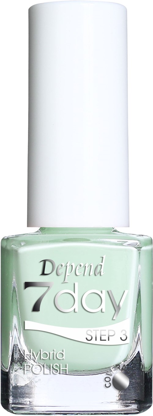En nagellackflaska med vit lock, ljusgrön färg, och etikett som säger "Depend 7 day STEP 3."
