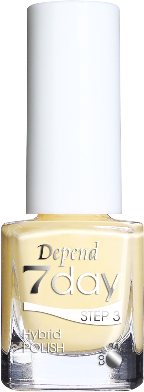 En flaska Depend 7 Day Hybrid Nagellack med vit lock och beige nagellack inuti.