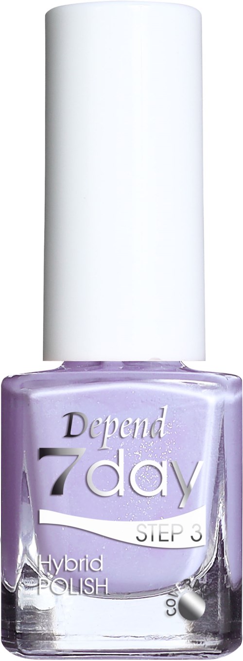 Lila nagellackflaska med vit kork, märkt 'Depend 7day' och 'Hybrid Polish.'