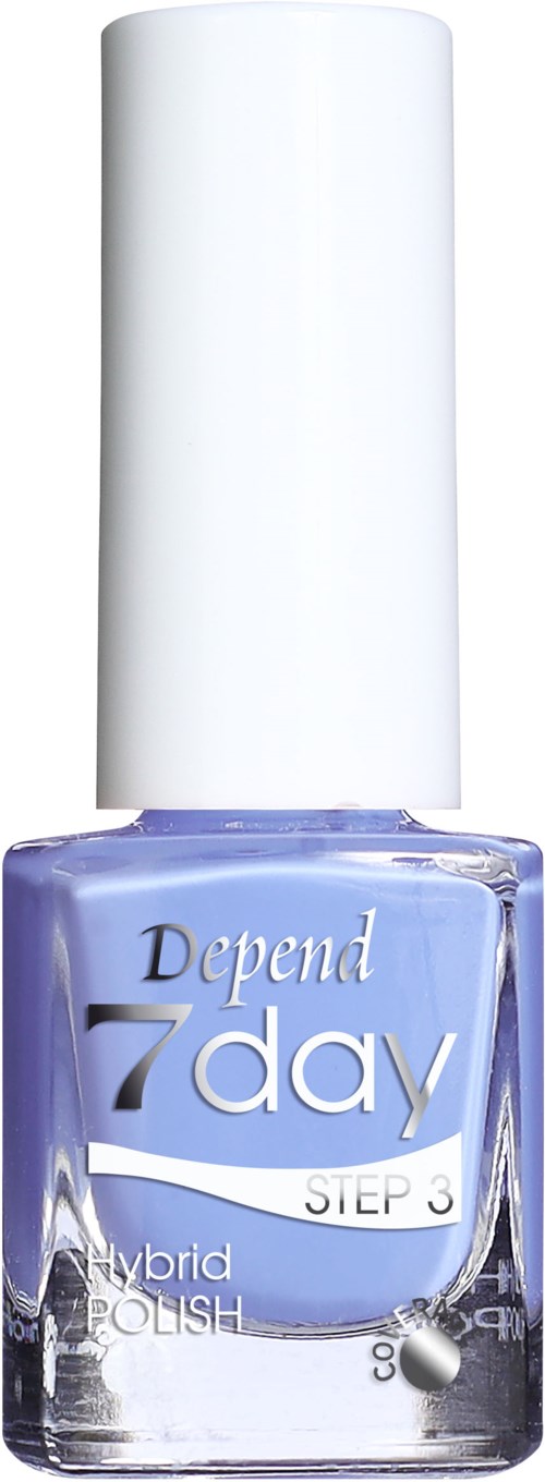 En nagellackflaska märkt 'Depend 7day' i lila färg. Det är steg 3 hybridlack.