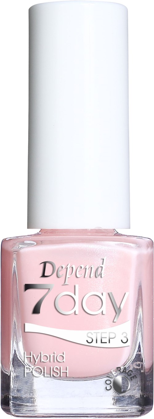 Ljusrosa nagellackflaska märkt "Depend 7day STEP 3 Hybrid POLISH."