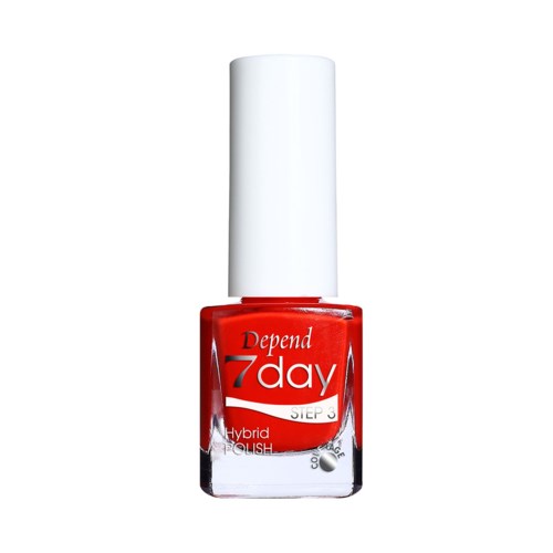 En röd nagellackflaska med vitt lock märkt "Depend 7 day step 3."