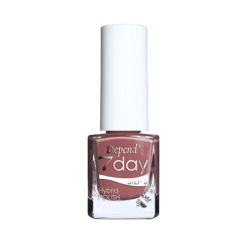 En flaska med rosa nagellack märkt 'Depend 7day' med en vit kork.