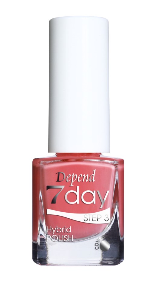 En flaska rosa nagellack med vit kork och röd text. Den är märkt "Depend 7day" och "Hybrid".