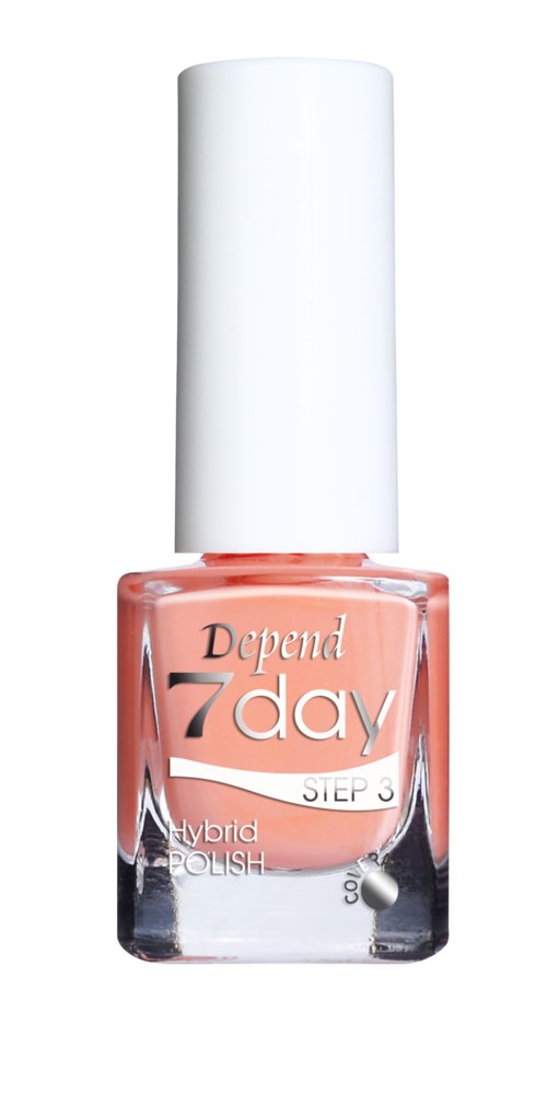 Rodnagellackflaska med vitt lock, märkt "Depend 7day Step 3 Hybrid Polish."