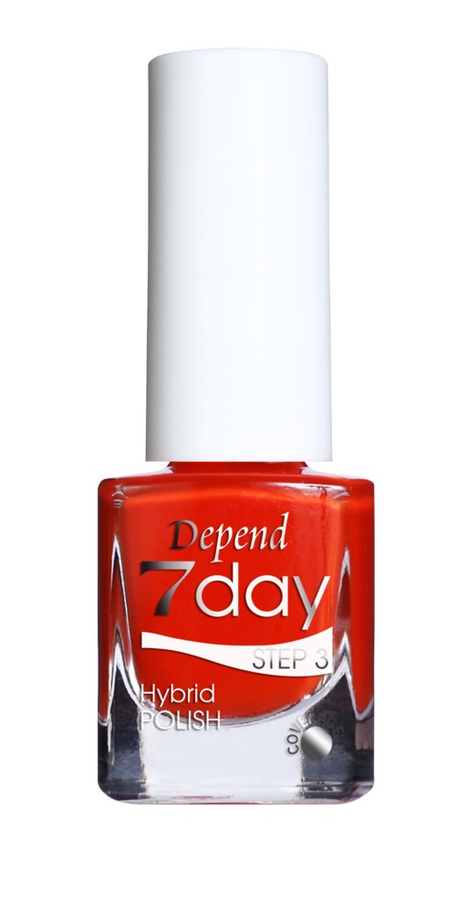 Röd nagellacksflaska med vitt lock, märkt "Depend 7 Day steg 3 hybrid lack."