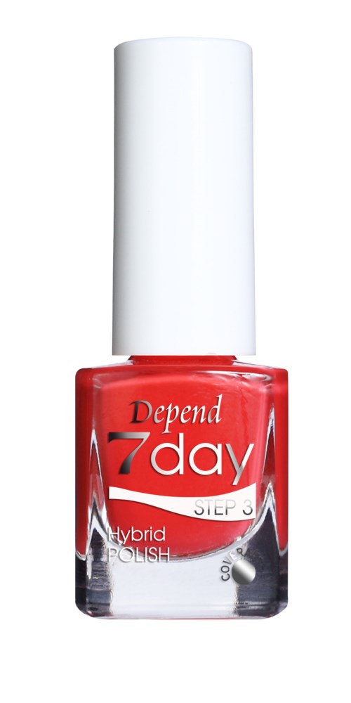 Röd nagellackflaska med vitt lock och svart botten, märkt 'Depend 7 day STEP 3 Hybrid POLISH'.