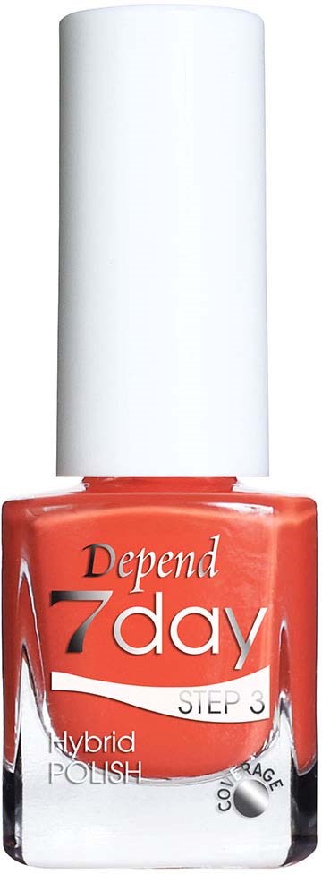 Orange nagellackflaska märkt "Depend 7day" med vit kork och orden "step 3".