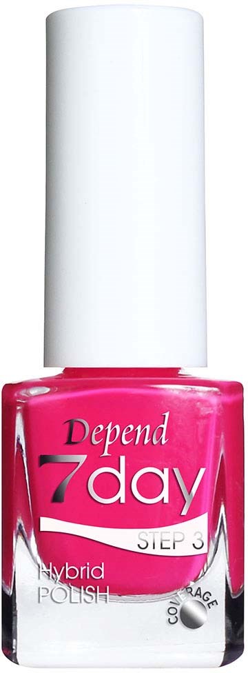 Transparent rosa nagellackflaska med vit kork, märkt 'Depend 7day' och 'STEP 3'.