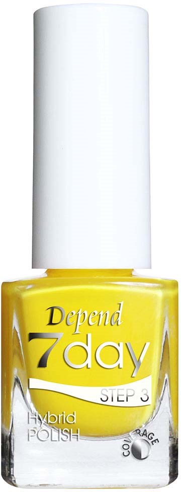 Gul nagellackflaska märkt "Depend 7 day Step 3 Hybrid Polish" med vit lock.