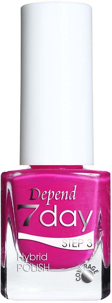 Rosa nagellackflaska med vit kork, märkt 'Depend 7day STEP 3 Hybrid POLISH'.
